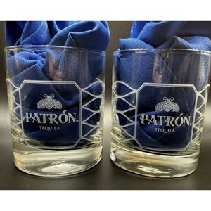 Patron Tequila‎ Bee Logo Rocks Glasses Set of 2 Etched Lowball Cocktail